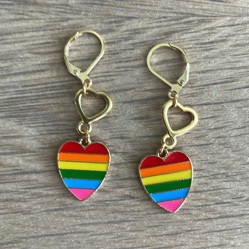 HAND CRAFTED FLOATING HEARTS PRIDE EARRINGS  Pink Blue Green Yellow Orange Red